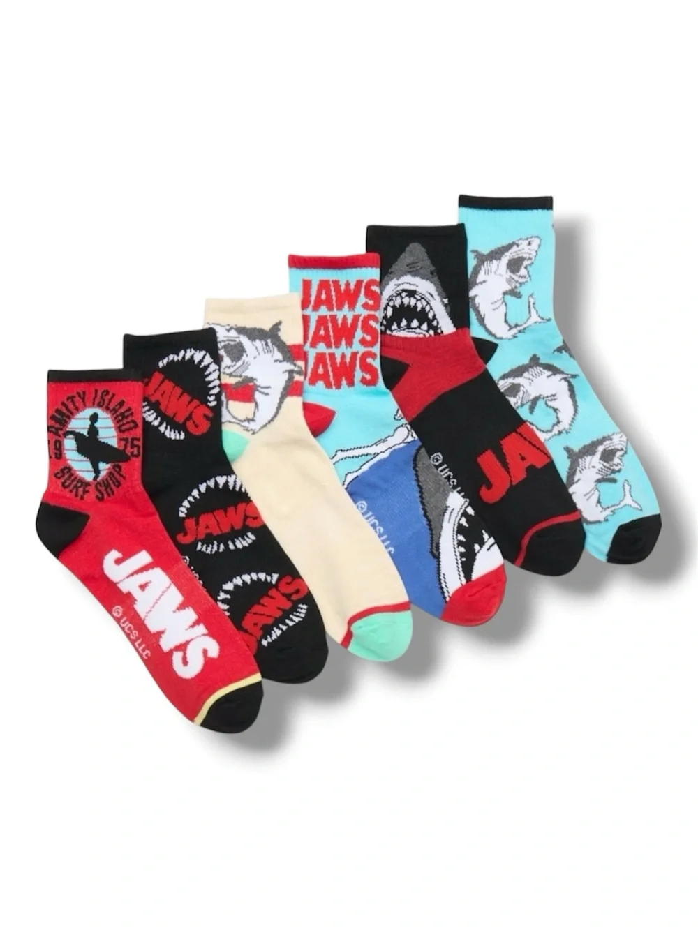 6-Pack Jaws Movie Funny Novelty Quarter Crew Ankle Socks - NWT